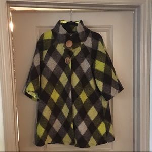 Black, gray and green plaid wool coat