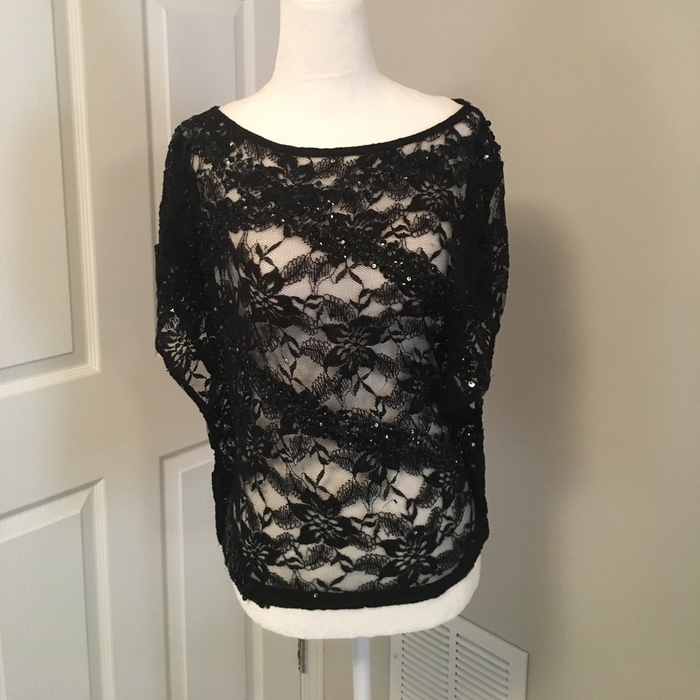 Guess lace sequined black top size xs