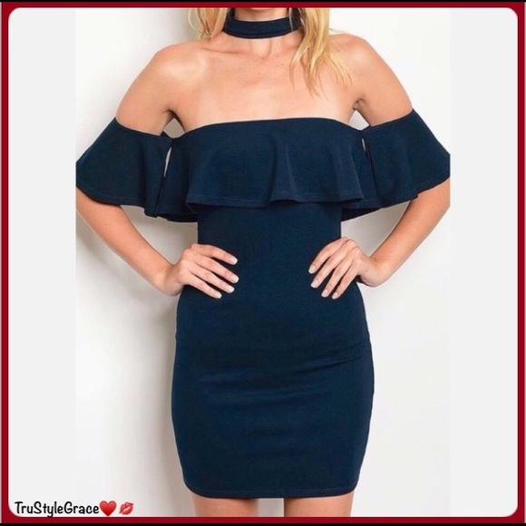 Last 1 💋 Sexy Ruffled Off Shoulder Choker Dress - Picture 2 of 4