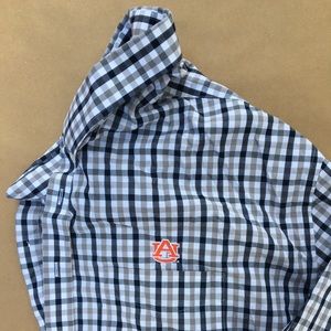 Auburn button up. Navy, grey and white checkered