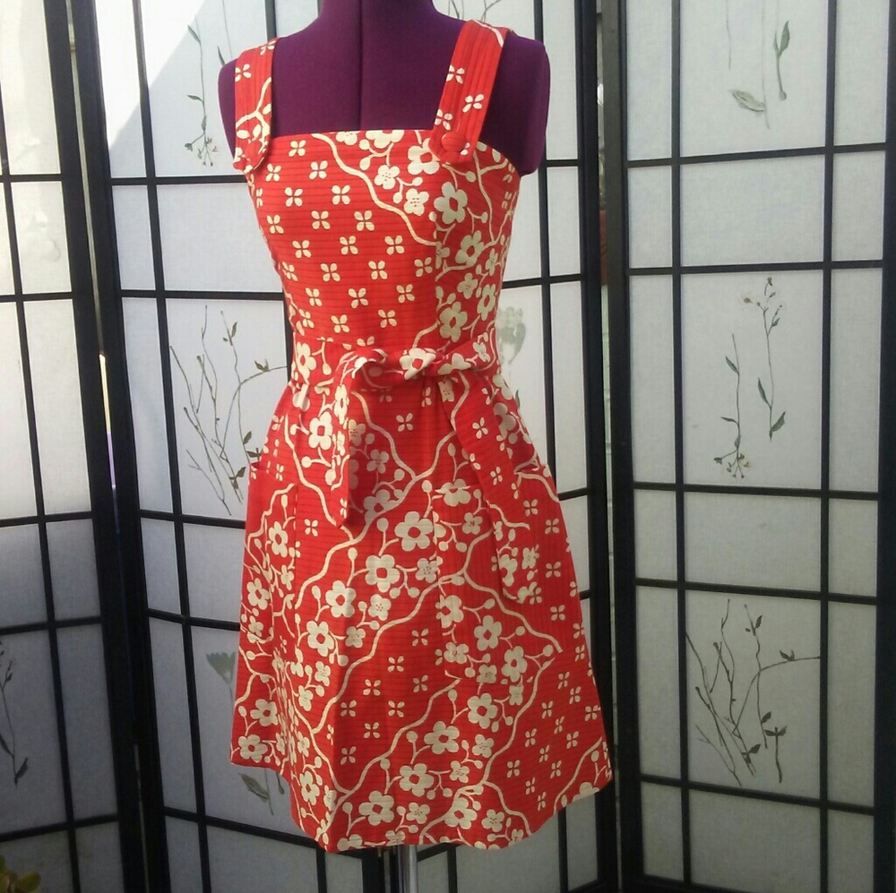 60s Vintage Orange Floral belt big pockets buttons