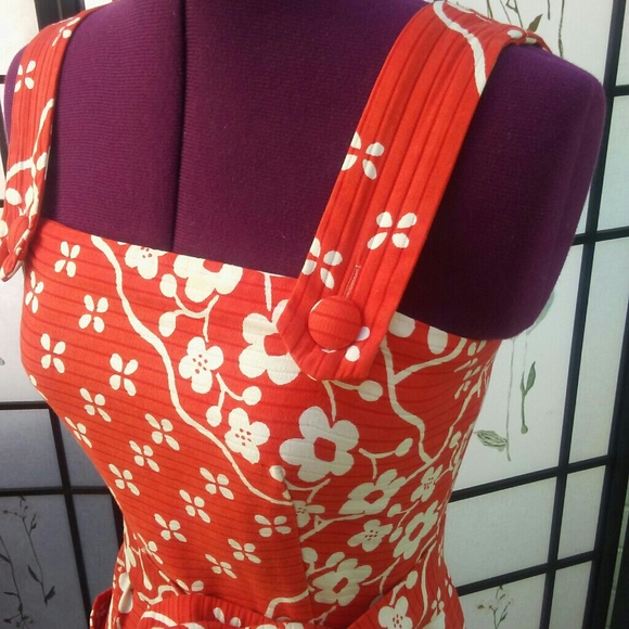 60s Vintage Orange Floral belt big pockets buttons - Picture 2 of 6