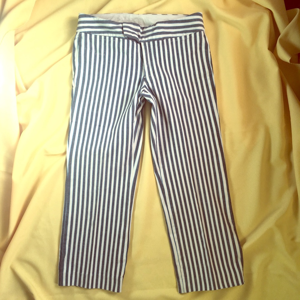 Striped denim straight leg capris