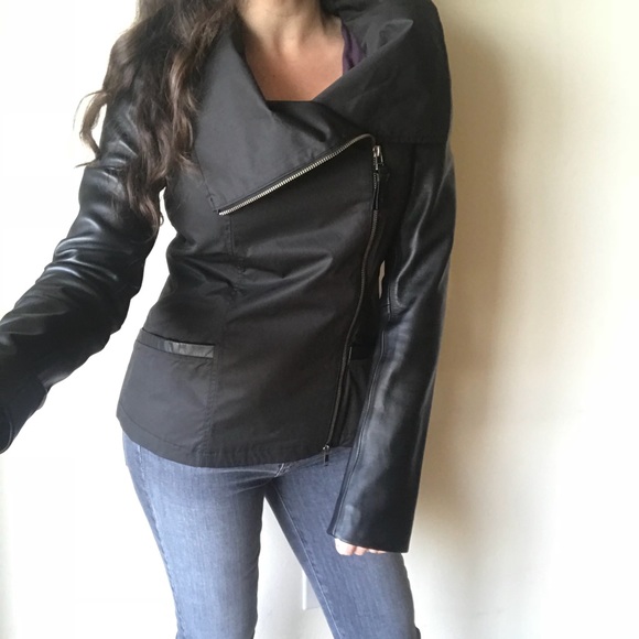 NEW MACKAGE BLACK POPLIN LEATHER TrimMOTO Jacket S - Picture 2 of 8