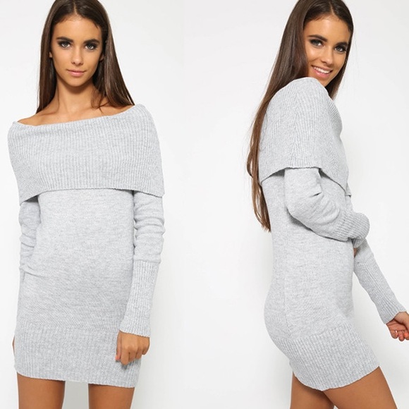 Foldover Off Shoulder Bodycon Knit Sweater Dress - Picture 4 of 4