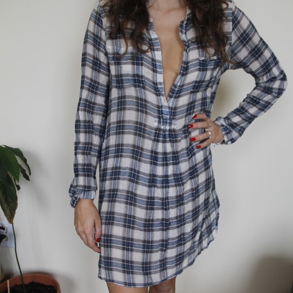 Blue light flannel shirt dress