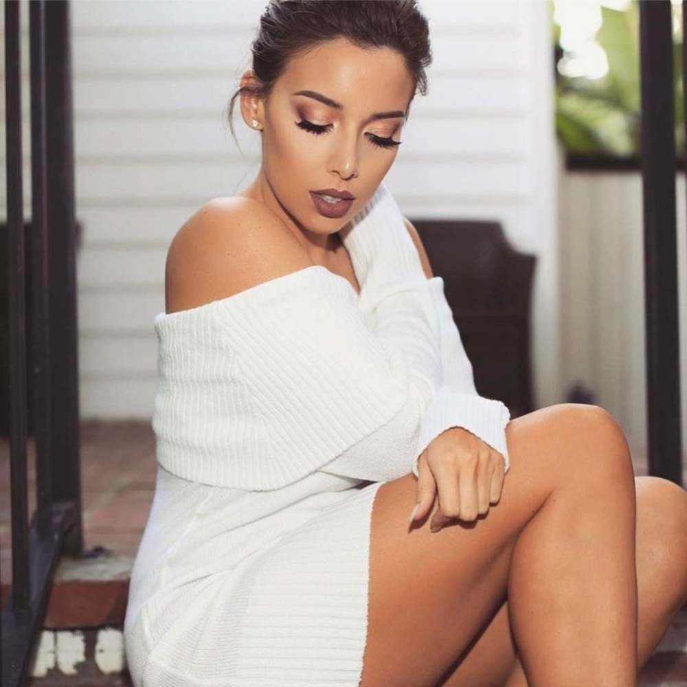 Foldover Off Shoulder Knit Sweater Dress White - Picture 3 of 3