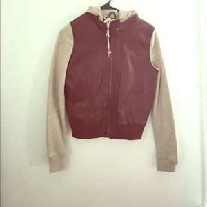 Faux leather jacket with hoodie like sleeves