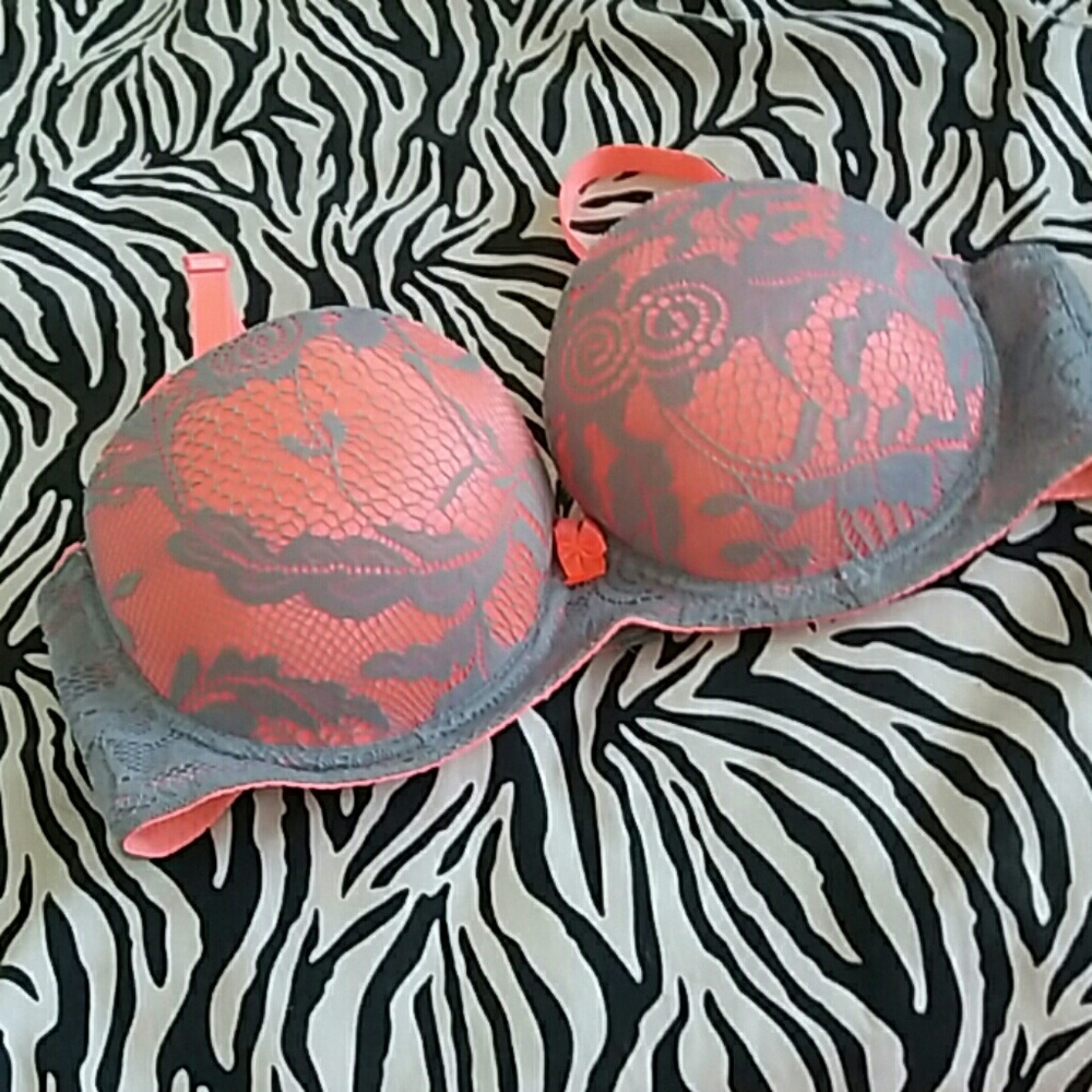 Grey and coral lace push up bra