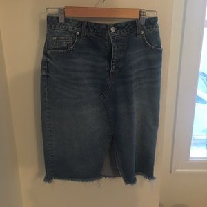 Distressed midi denim pencil skirt