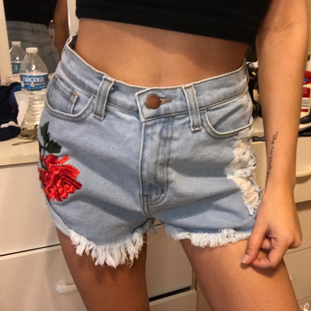 Denim Shorts with Rose Patch