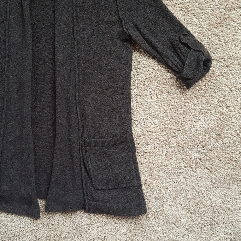 Soft, dark brown hooded cardigan.