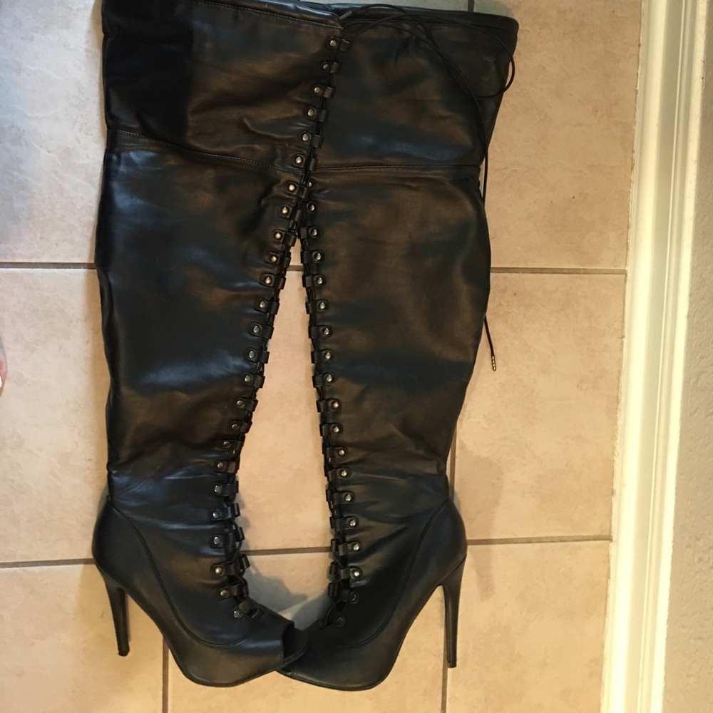 Thigh High Peep Toe Lace Up Boots