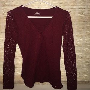 Long Sleeve Fitted Lace Maroon Top