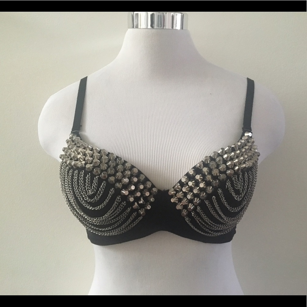 Black Rave Bra with Silver Studs and Chains 34B