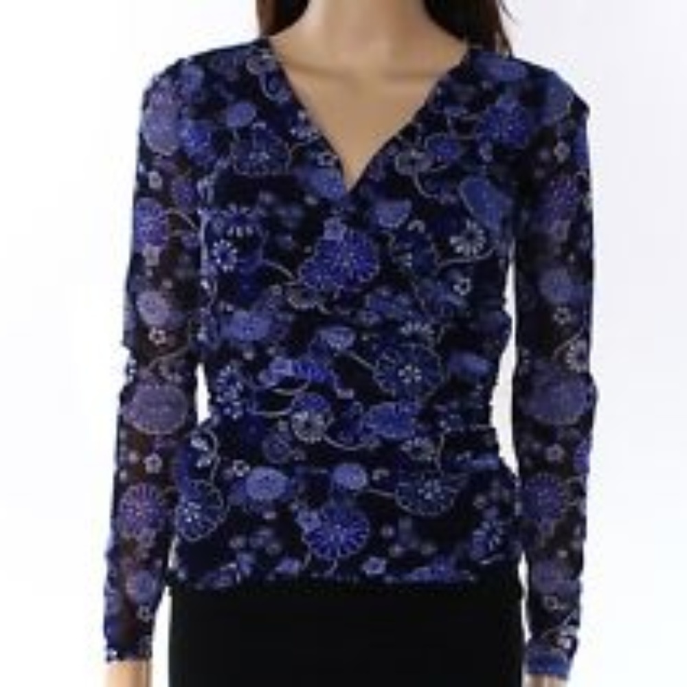 INC Blue Mariner Floral Ruched blouse