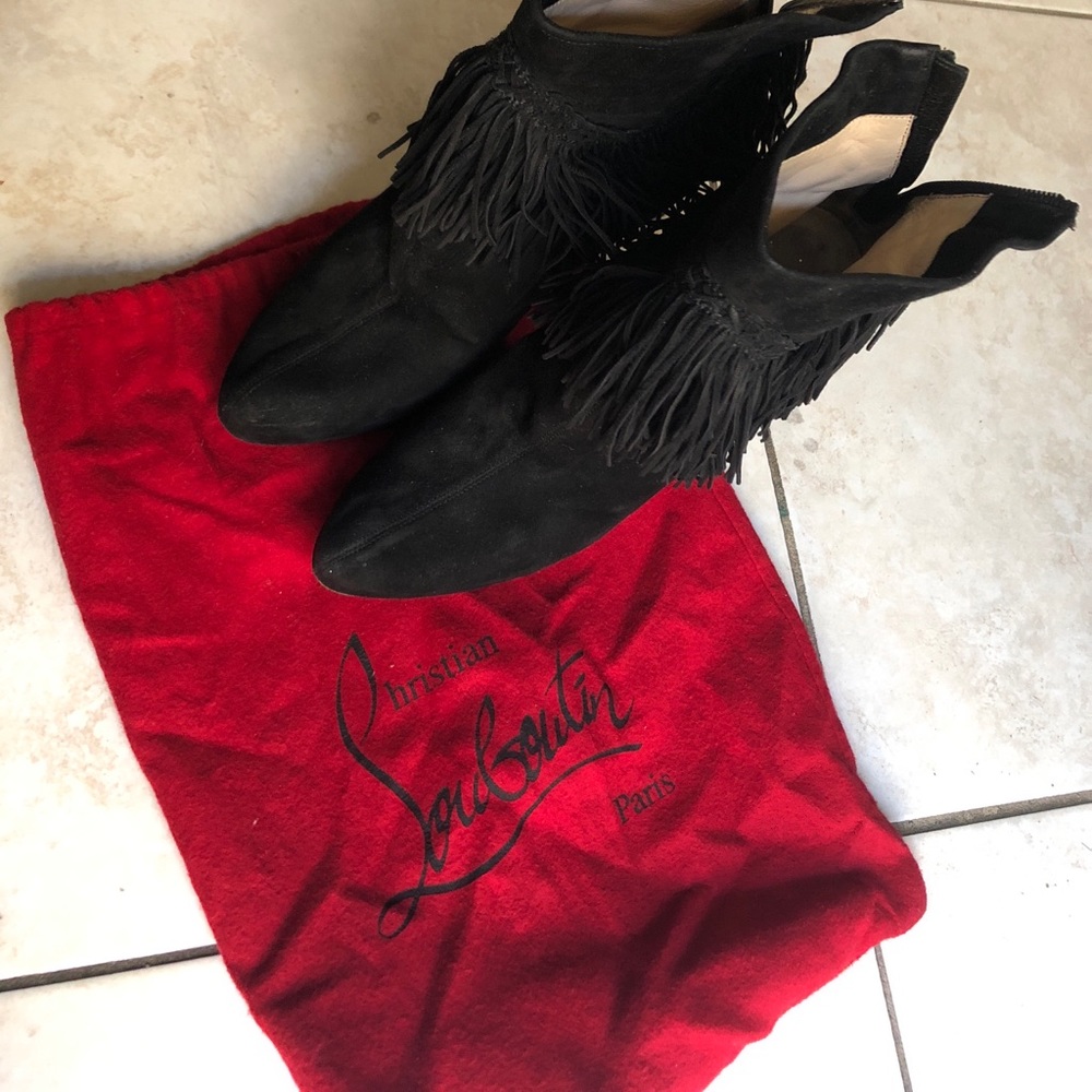 Christian Loubutin suede black fringe booties