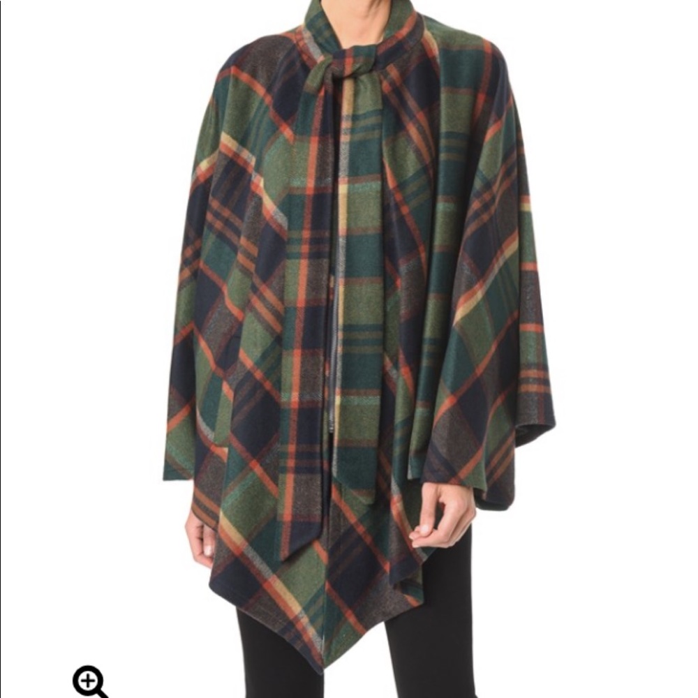 Jones New York Plaid Zip Front Wool Cape Tie Neck
