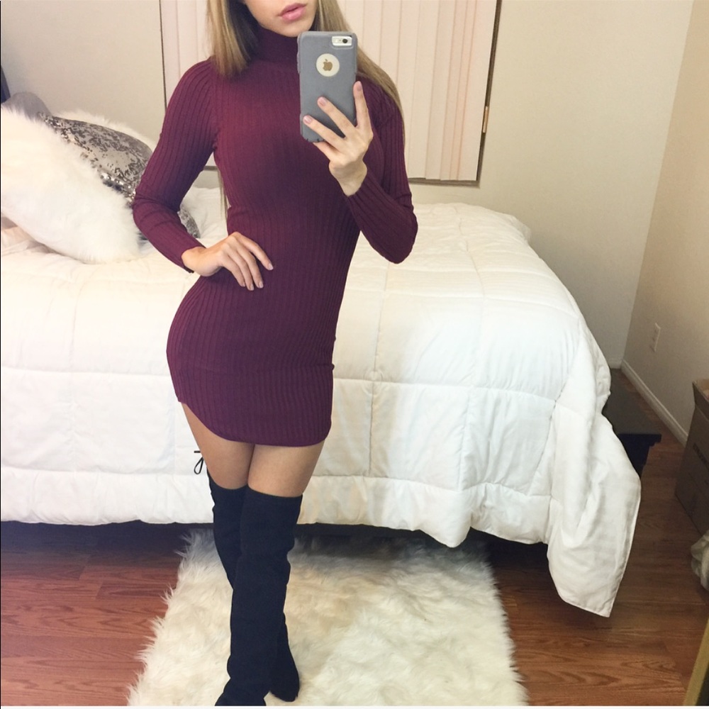 Burgundy Wine Red Ribbed Mock Neck Sweater Dress - Picture 3 of 5