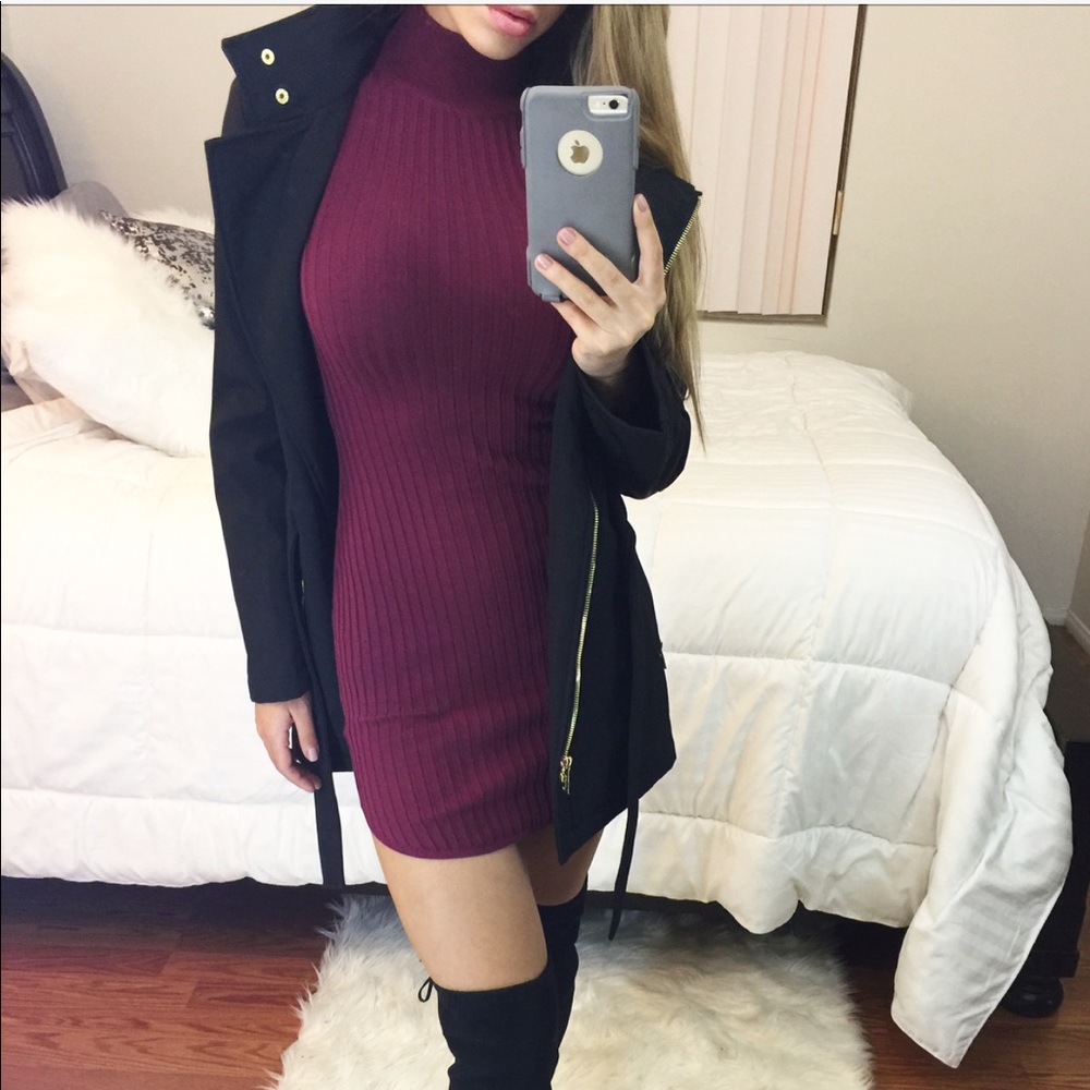 Burgundy Wine Red Ribbed Mock Neck Sweater Dress - Picture 5 of 5