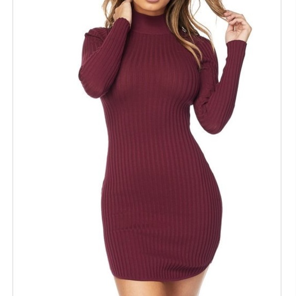 Wine Red Ribbed Mock Neck Sweater Dress - Picture 1 of 5
