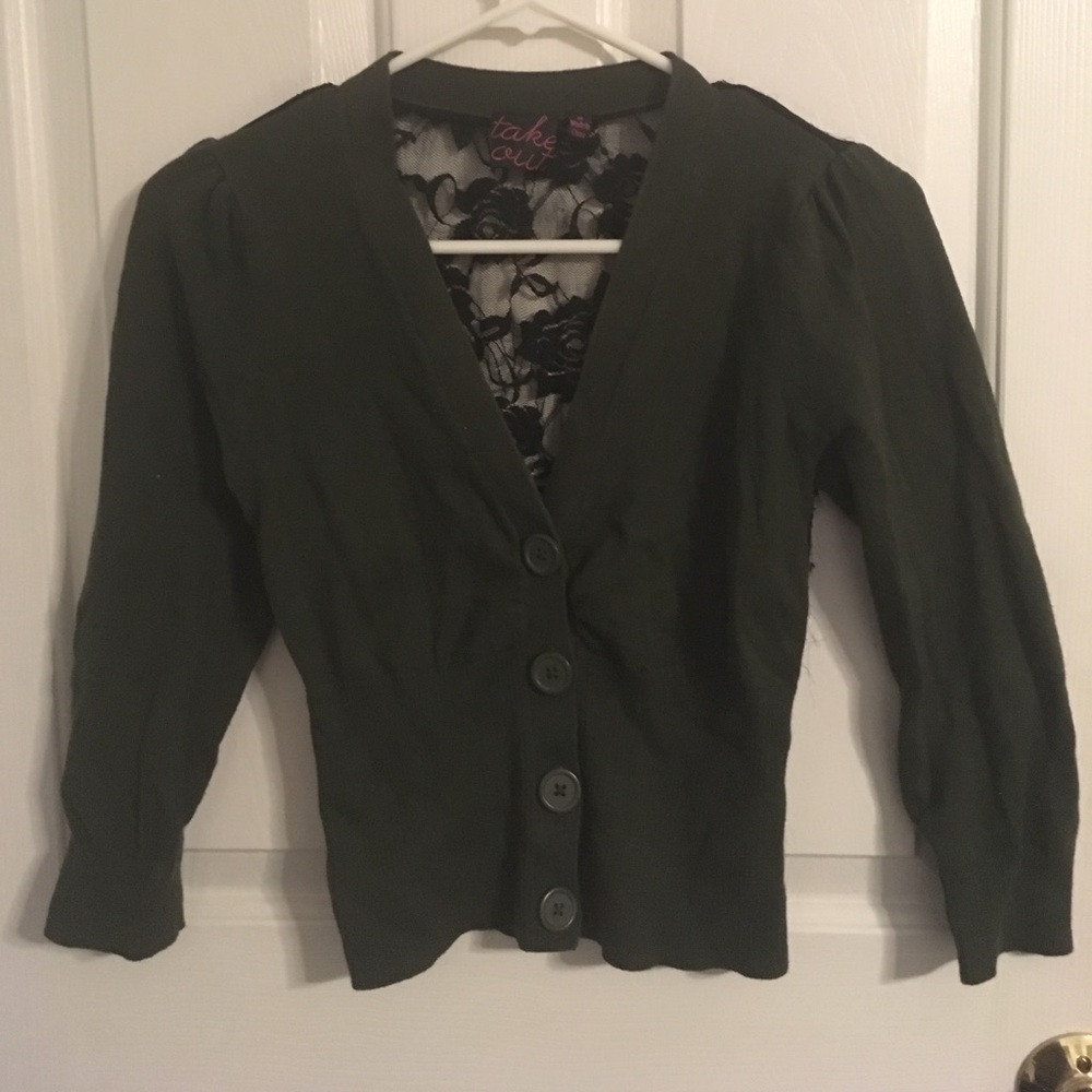 Dark green cardigan with black lace detail