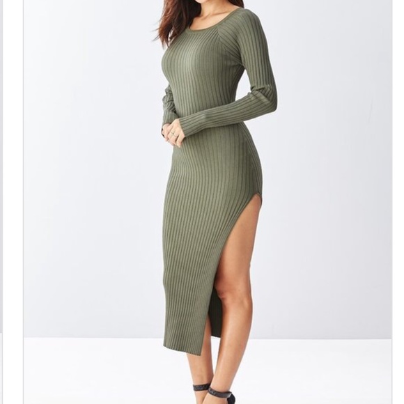 Olive Split Leg Ribbed Midi Dress - Picture 2 of 6