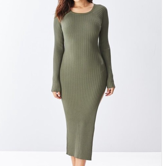 Olive Split Leg Ribbed Midi Dress - Picture 3 of 6
