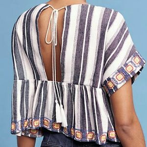 Anthropologie blue motif embroidered top NWT sz L