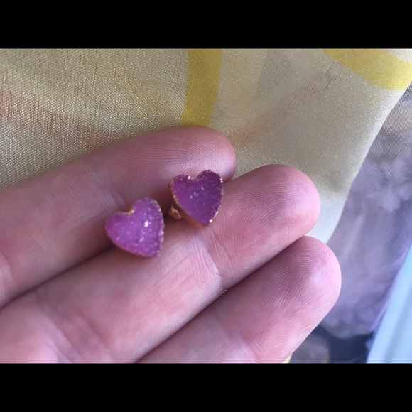 Pink Heart Druzy Stud Earrings - Picture 3 of 4