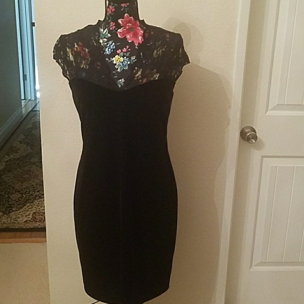 Black velvet dress with lace scalloped v neck