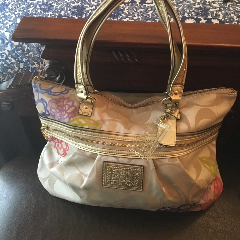 Coach fabric with flowers & gold leather purse