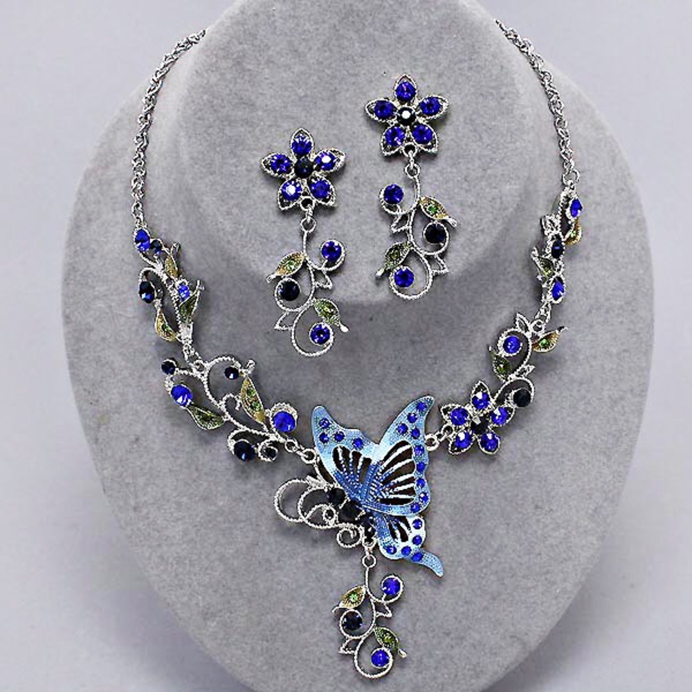 Crystal Butterfly Necklace Set/ Blue