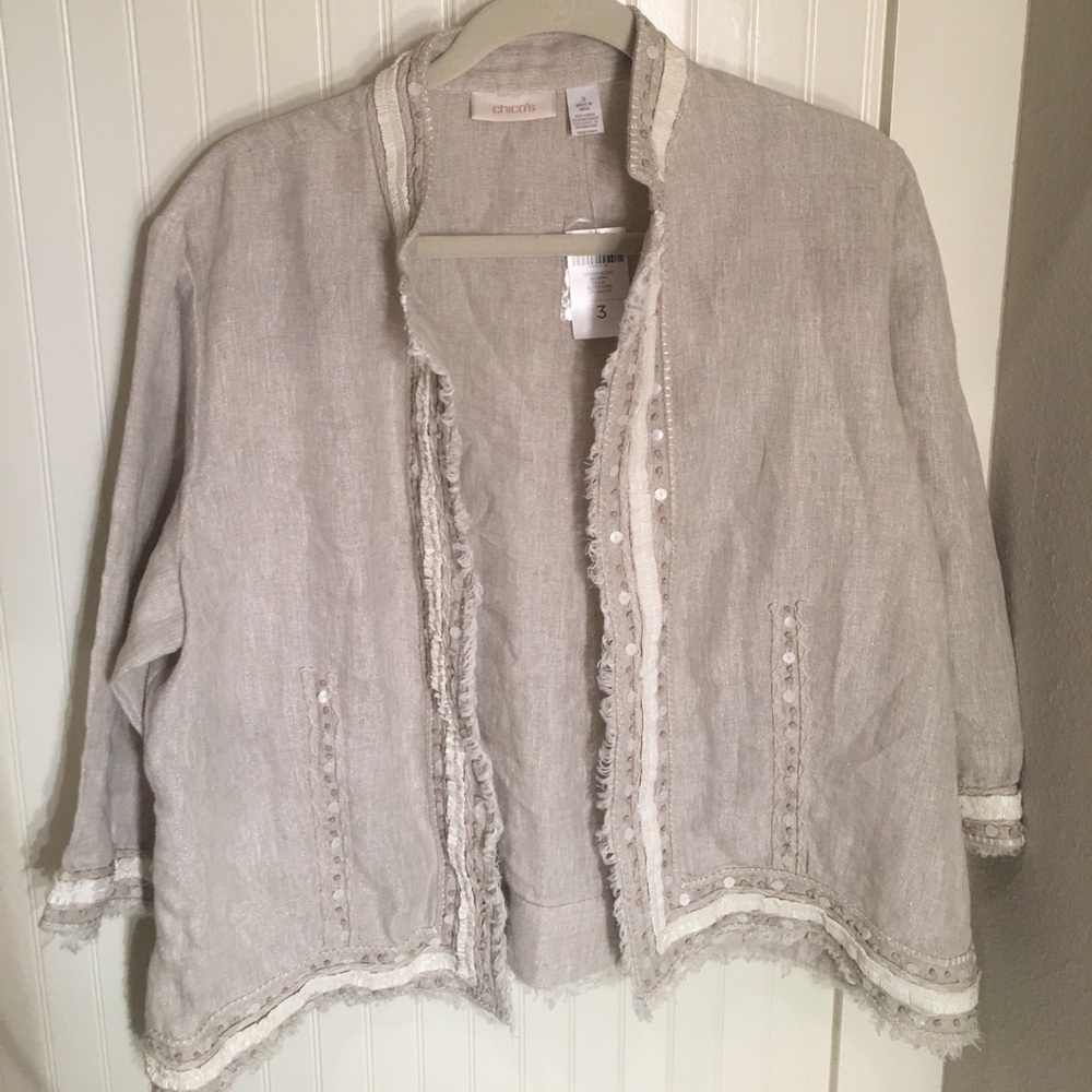 Chico’s Linen Tan Jacket with decorative accents
