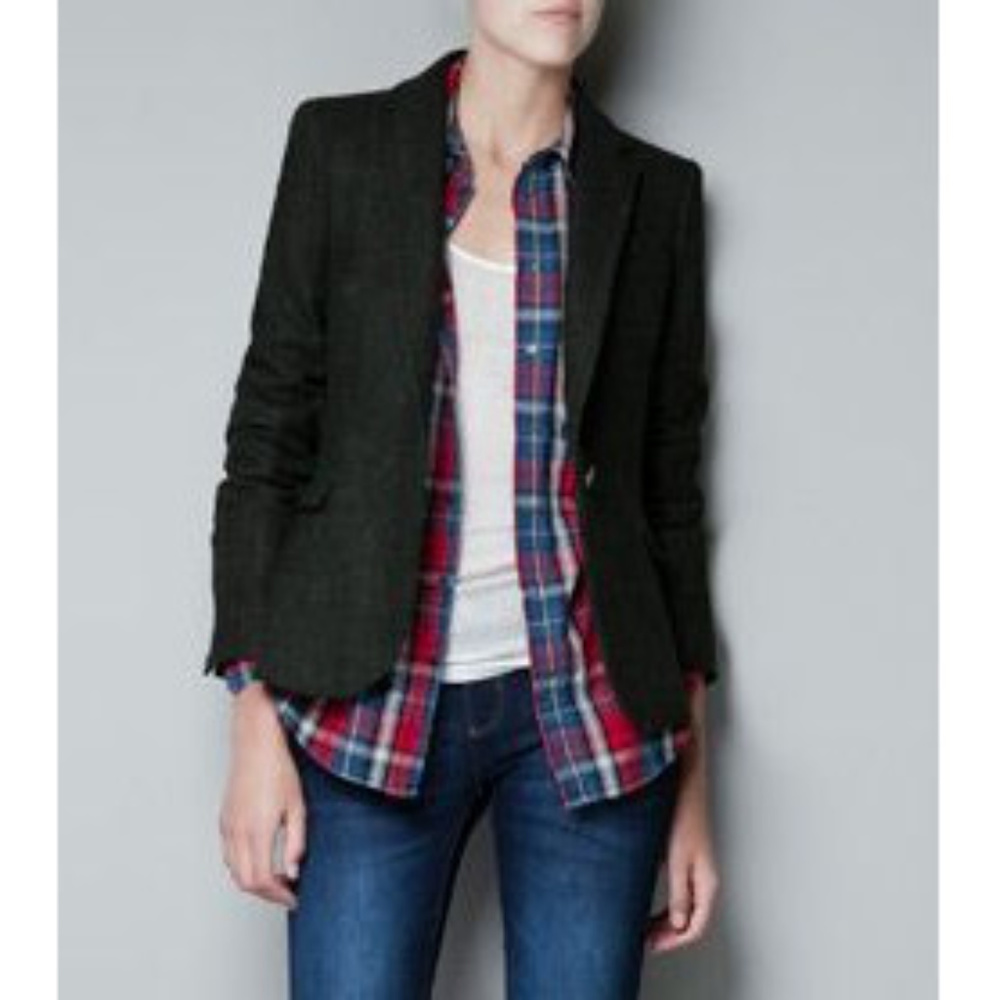 Zara Green Tweed Blazer w Elbow Patches sz. XL