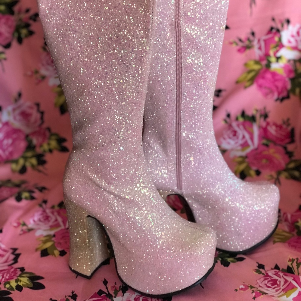 Barbie pink glitter platform knee high boot el Dante’s vintage Sabrina carpenter