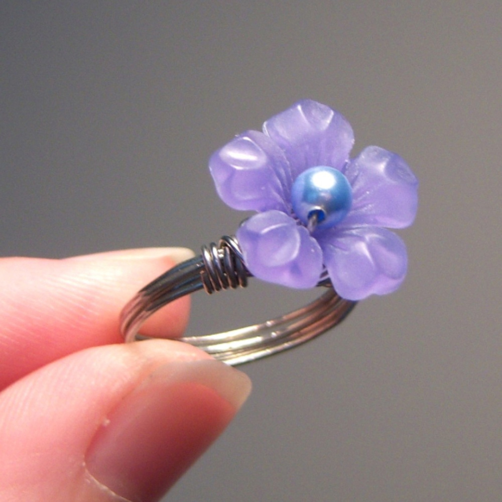 Purple Lucite Flower Wire Wrapped Ring