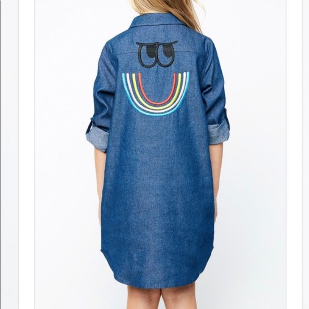 Girls Denim Dress w/ Backside Rainbow Happy Face