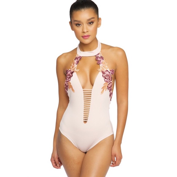 ☀️LAST ONE - “Bianca” Floral Choker Bodysuit Nude - Picture 2 of 7