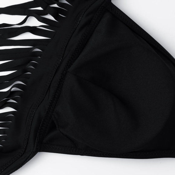 Sexy Black Sz Large Fringe Padded Bikini Swimsuit - Picture 3 of 5