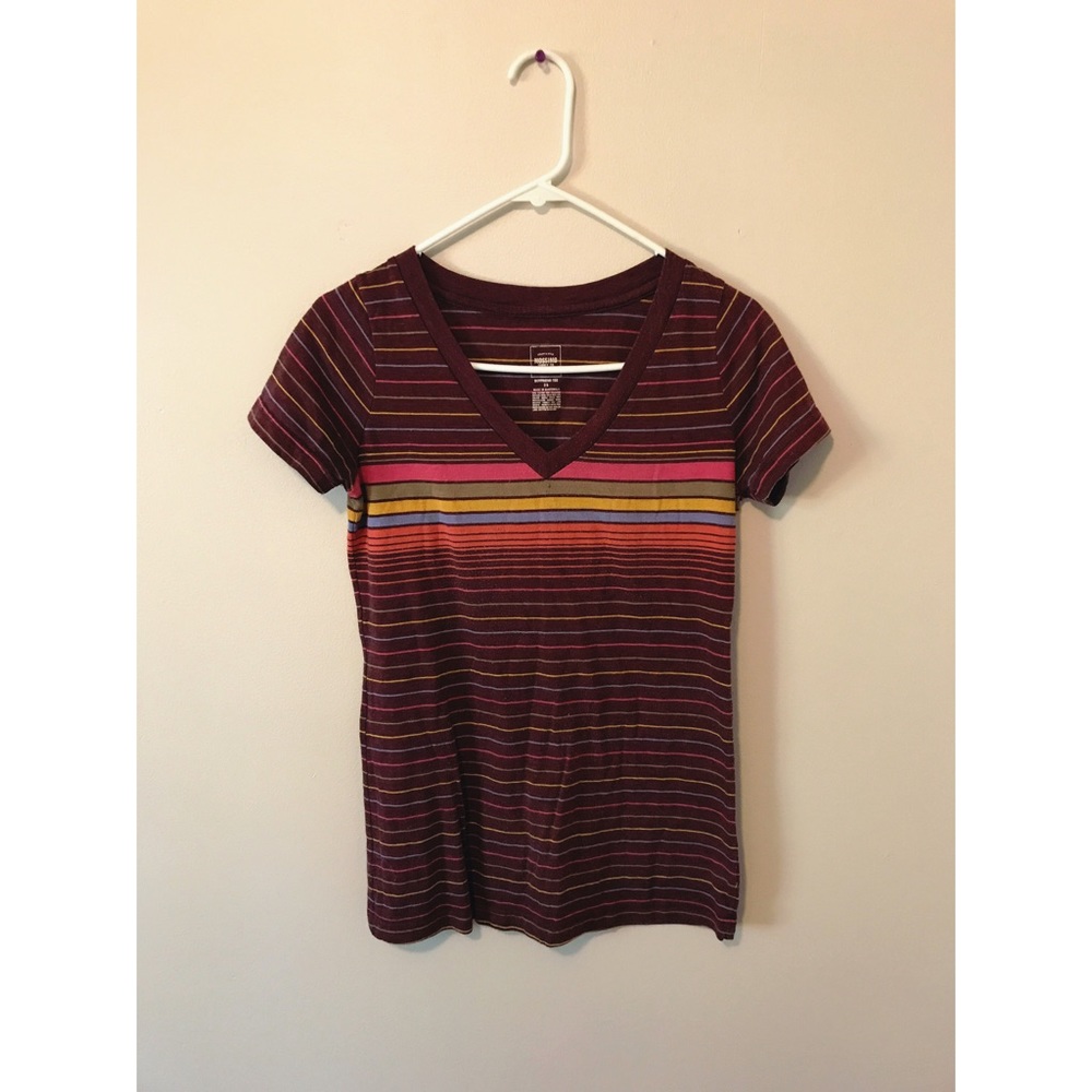 70s inspired v neck Striped shirt Maroon colored