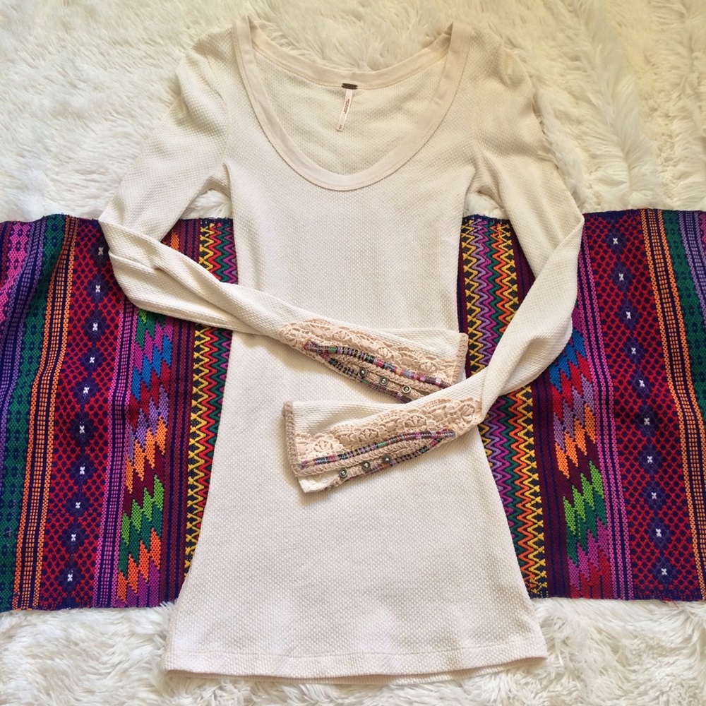 Free People Beige Meadow Fiesta Cuff Thermal Top