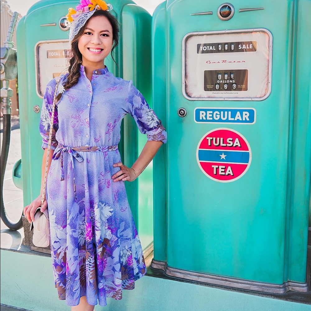 Vintage Long Sleeve Purple Floral Dress