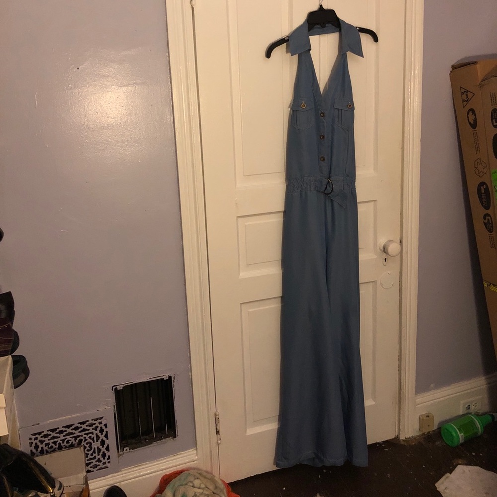 Sexy, light blue, halter one-piece jumpsuit