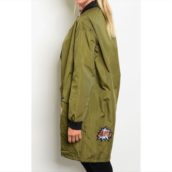 Olive Patch Long Bomber Jacket - Picture 2 of 5
