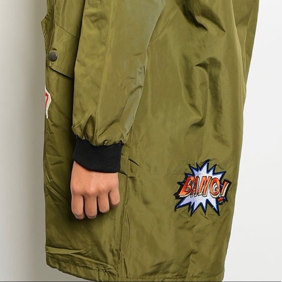 Olive Patch Long Bomber Jacket - Picture 4 of 5