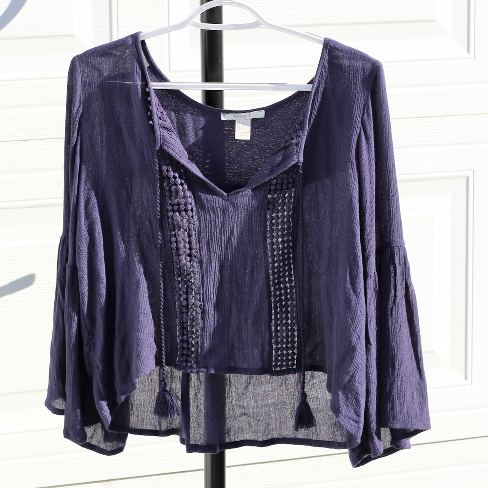 Navy Blue Tassel Peasant/Bell Sleeve Top