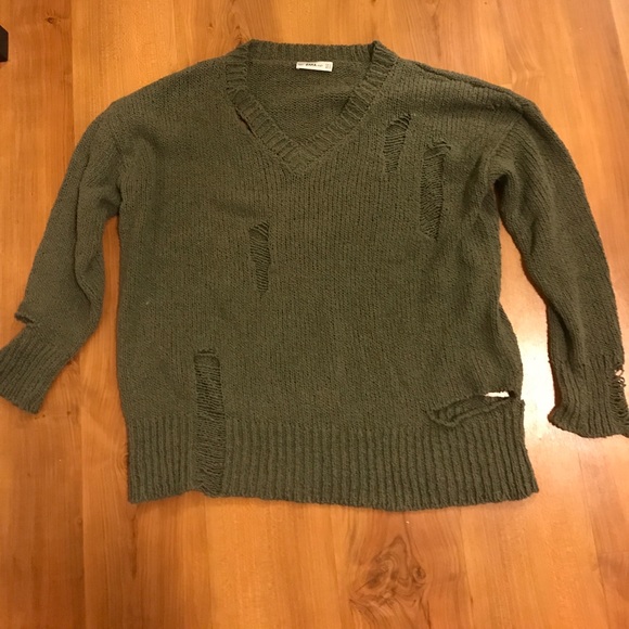 Olive Green Ripped Zara Sweater | Poshmark