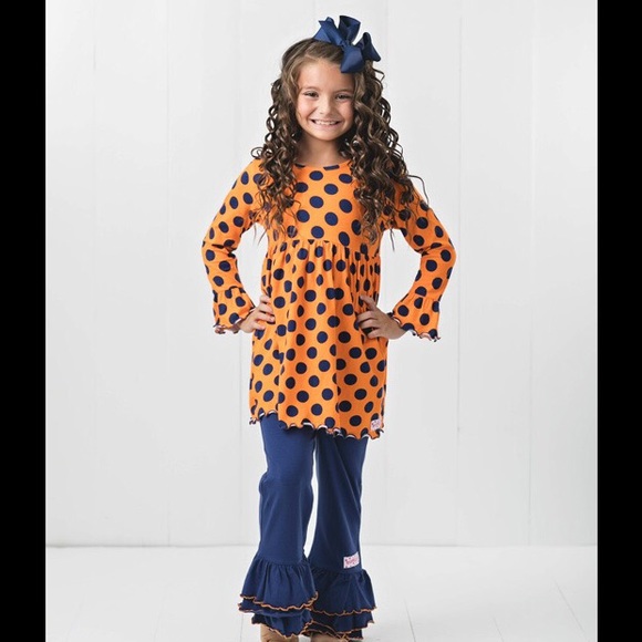 2 pc Orange and Navy Polka Dot Ruffle matching set - Picture 1 of 2