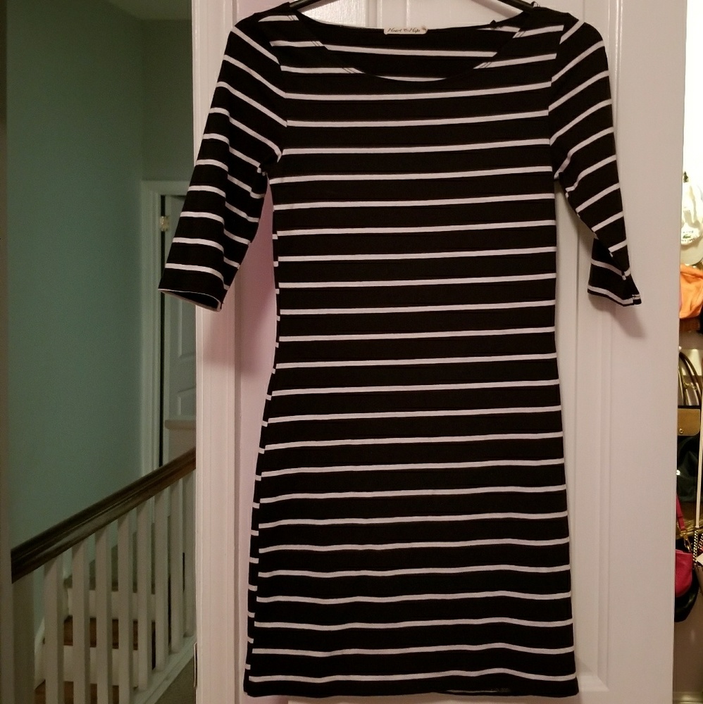 Black striped dress small S fitted stretch